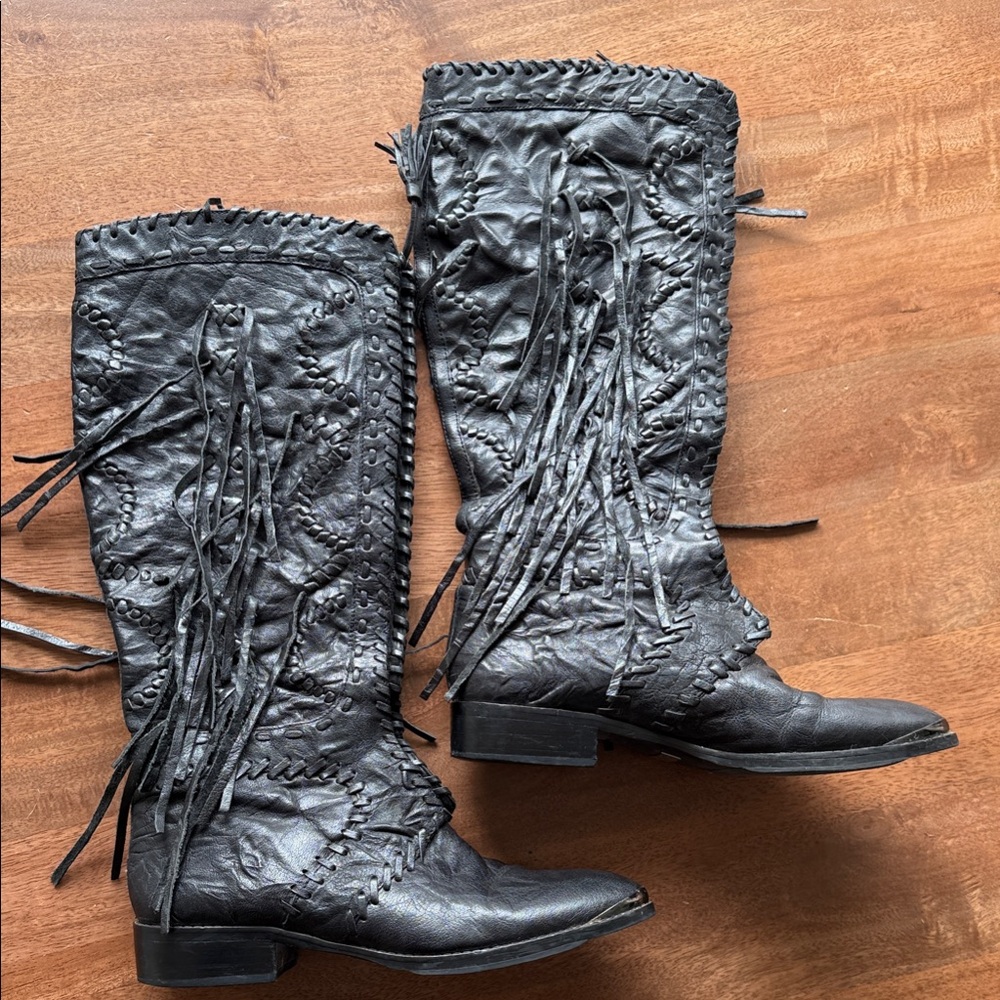 Sam Edelman Palermo Black Leather to the Knee Boots with Fringe- size 10